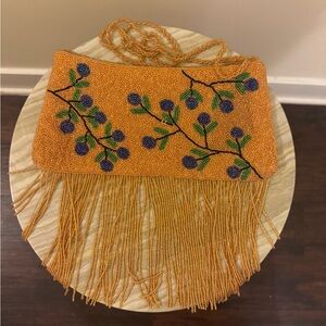 Gold and purple Crossbody Beaded Bag with Fringe and Embroidery
